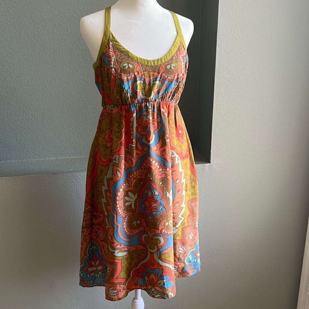 Moulinette Soeurs Orange Paisley Midi Dress with Blue & Olive Accents